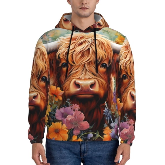 Lsque Countryside Colorful Floral Cow Pattern Casual Men's Hoodie,Hooded Sweatshirt with Kangaroo Pocket,Pullover Hoodie-X-Large