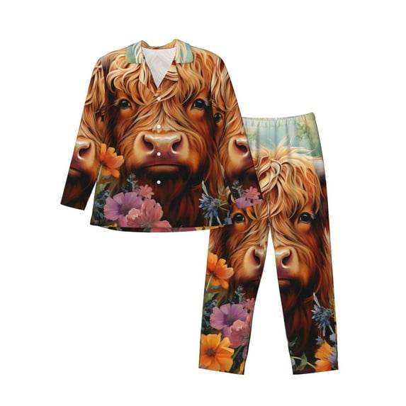 Lsque Countryside Colorful Floral Cow Pattern Long Sleeve Pajama Set for Men - Soft 2-Piece Sleepwear and Loungewear Set with Pockets, Comfy Nightwear-X-Large