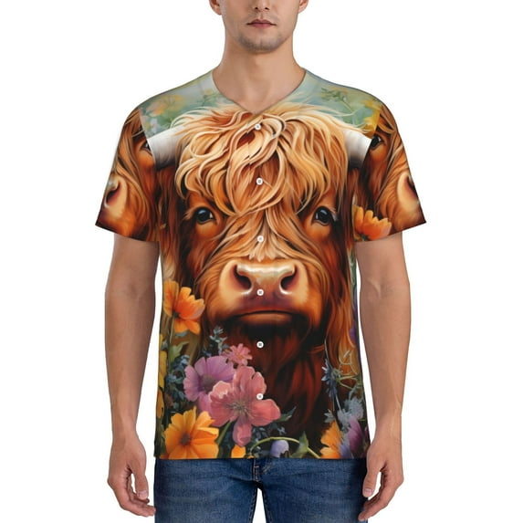 Lsque Countryside Colorful Floral Cow Pattern Mens Polo Golf Shirts Funny Graphics Shorts Sleeve Button Shirts Baseball T-shirt-3X-Large