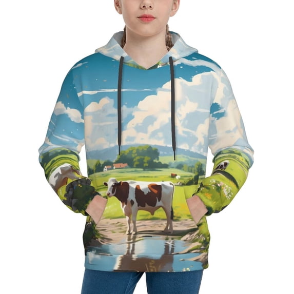 Lsque Countryside Farm Cow Patten Youth Hoodie Sweatshirt Pullover with Kangaroo Pocket Boys and Girls Hoodie Warm Hoodie for Kids-X-Large