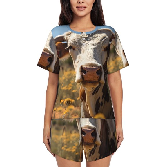 Lsque Countryside Flower Cow Women's Short-Sleeved Pajama Set - 2 Piece Soft and Lightweight Sleepwear Set-Medium