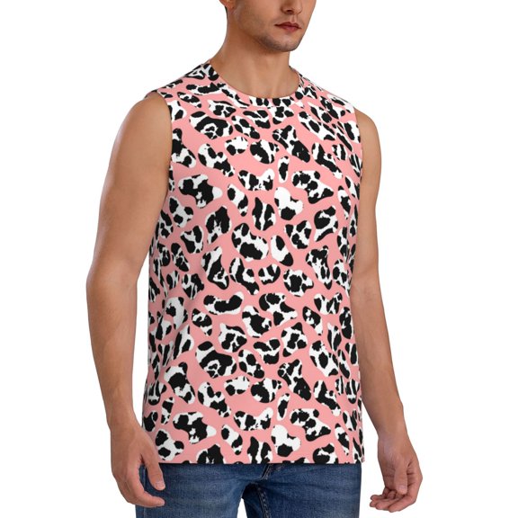 Lsque Cow Animal Skin Print Men's Cotton Blend Sleeveless Muscle Shirts (S-3XL)- Moisture Wicking, Odor Protection, UPF 30 ,XX-Large