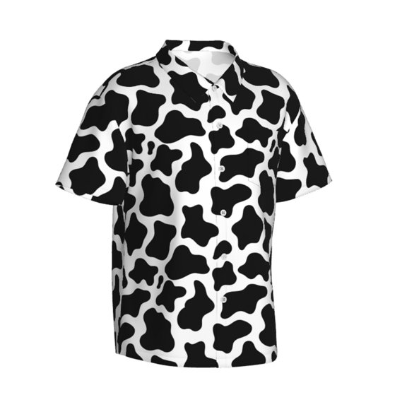 Lsque Cow Print Black White pattern Hawaiian Shirt for Men, Unisex Summer Beach Casual Short Sleeve Button Down Shirts-Large