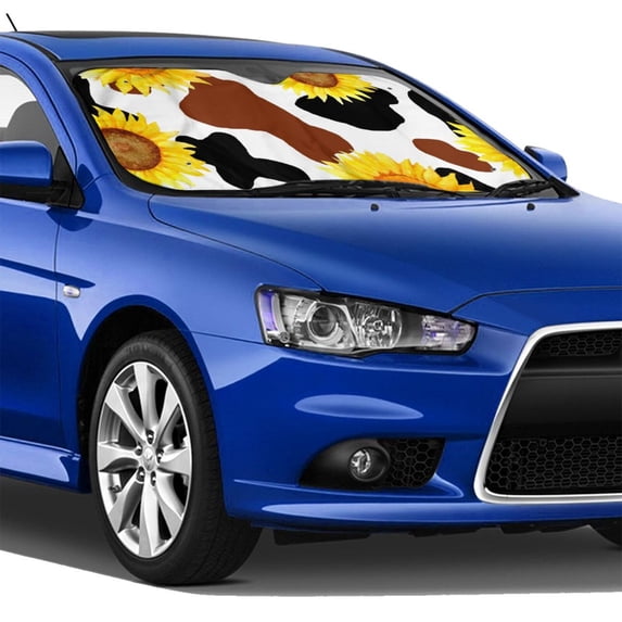 Lsque Cow Print Sunflower Car Windshield Sun Shade | Accordion Folding Style Auto Shade for Car Truck SUV Van | Blocks UV Rays Sun Visor Protector | Medium
