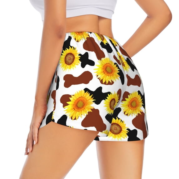 Lsque Cow Print Sunflower Printed Women's Running Shorts with Liner Pockets,Elastic Quick Dry Workout Athletic Gym Yoga Shorts,Womens High Waist Shorts-Large
