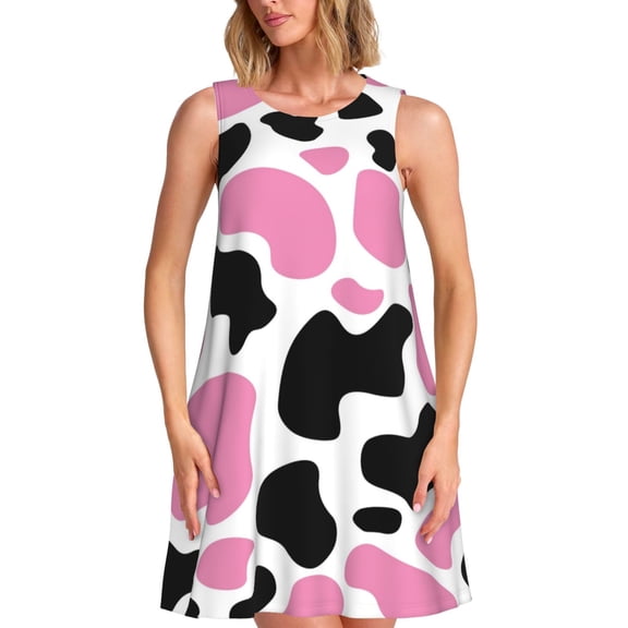 Lsque Cow Spots Pattern Summer Dresses for Women – Sleeveless T-Shirt Swing Sundress, Perfect for the Beach and Casual Days