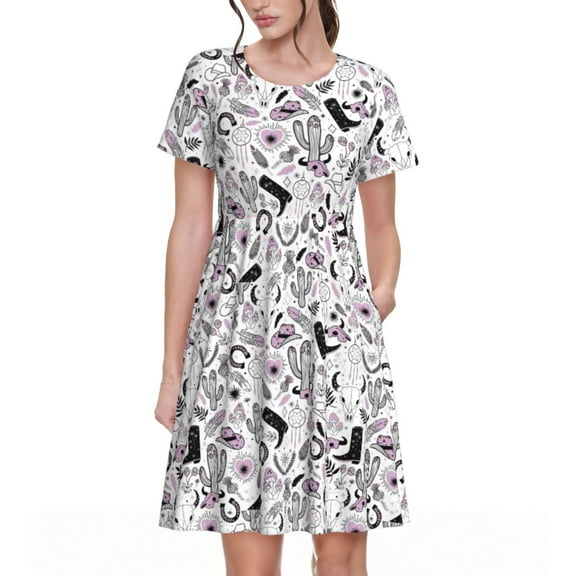 Lsque Cowboy Print Women's Casual Dress T-Shirt Summer Short Sleeve Scoop Neck Swing Dresses
