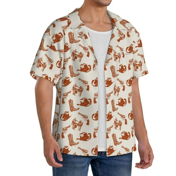 Lsque Cowboy Western print Men's Cuban Collar Short Sleeve Shirt Summer Beachwear Casual Button Down Fashionable Vacation Leisure Shirt-Medium