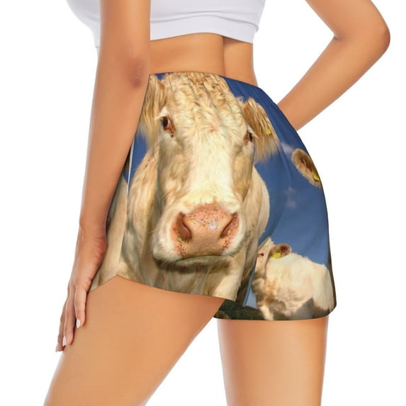 Lsque Cows Cattles Printed Women's Running Shorts with Liner Pockets,Elastic Quick Dry Workout Athletic Gym Yoga Shorts,Womens High Waist Shorts-Large