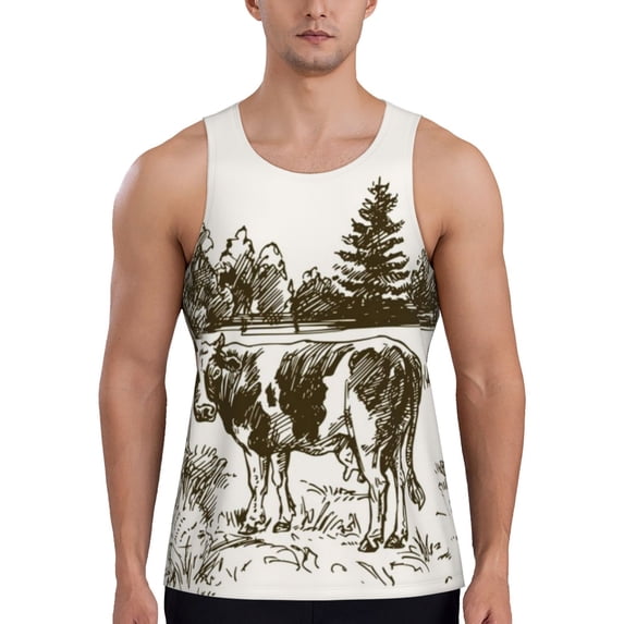 Lsque Cows Grazing On The Meadow Pattern Mens Tank Tops Muscle Athletic Quick Dry Sleeveless Workout Fitness T Shirts Beach Tank Top, Loose-fit Sleeveless Shirt for Men-X-Large
