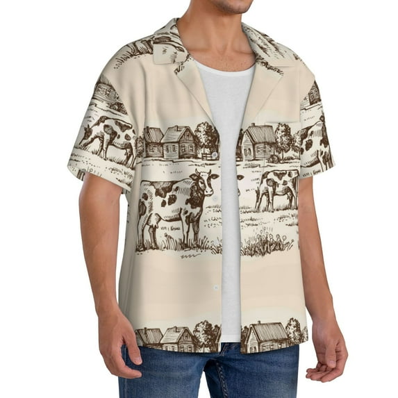 Lsque Cows On The Farm print Men's Cuban Collar Short Sleeve Shirt Summer Beachwear Casual Button Down Fashionable Vacation Leisure Shirt-Large