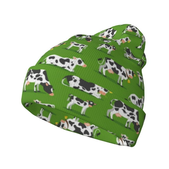Lsque Cows With Calfs Green Pattern Knitted Beanie, Unisex Winter Hat, Knit Hat Winter Beanies Thick Fisherman Beanies Cuffed Plain Skull Caps