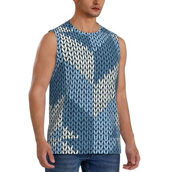 Lsque Cozy Knitted Blue Chevron Print Men's Cotton Blend Sleeveless Muscle Shirts (S-3XL)- Moisture Wicking, Odor Protection, UPF 30+,XX-Large