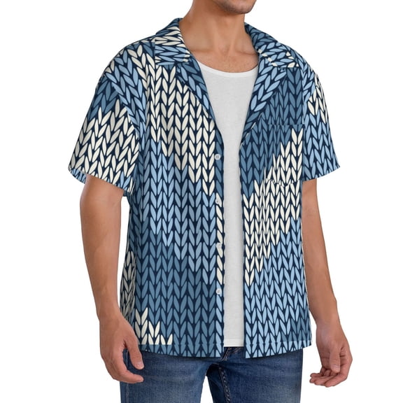 Lsque Cozy Knitted Blue Chevron print Men's Cuban Collar Short Sleeve Shirt Summer Beachwear Casual Button Down Fashionable Vacation Leisure Shirt-XX-Large