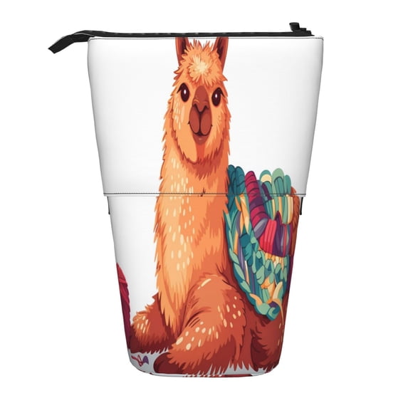Lsque Cozy Knitting Llama Pattern Telescopic Pencil Bag Pen Holder Stationery Case, Stand-up Retractable Transformer Bag Organizer