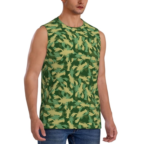 Lsque Crayfish Army Print Men's Cotton Blend Sleeveless Muscle Shirts (S-3XL)- Moisture Wicking, Odor Protection, UPF 30+,3X-Large