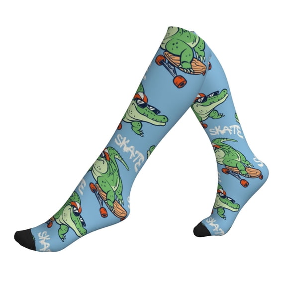 Lsque Crocodile Riding Skateboard Pattern Sport Compression Socks for Men & Women 15-20 mmHg Knee High Nurse Pregnant Running Medical and Travel Athletic