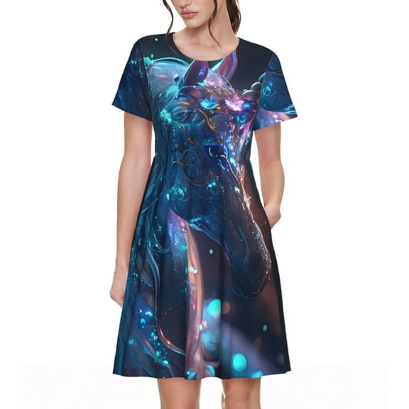 Lsque Crystal Pattern White Horse Print Women's Casual Dress T-Shirt Summer Short Sleeve Scoop Neck Swing Dresses