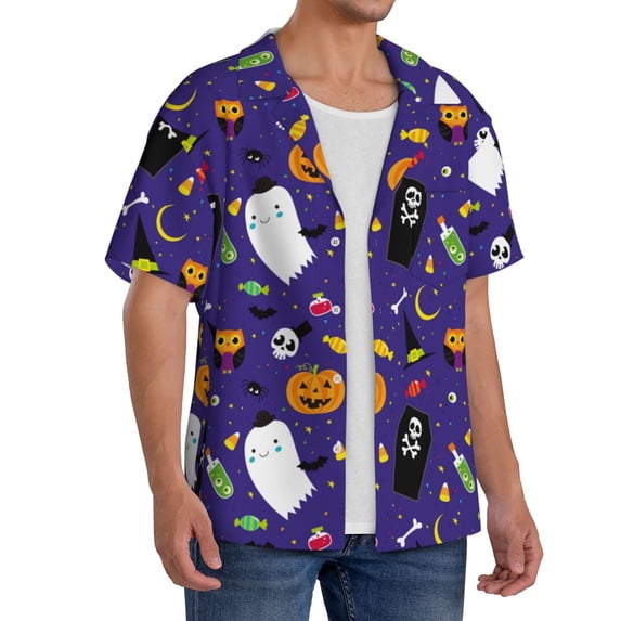 Lsque Cute And Creepy print Men's Cuban Collar Short Sleeve Shirt Summer Beachwear Casual Button Down Fashionable Vacation Leisure Shirt-X-Large