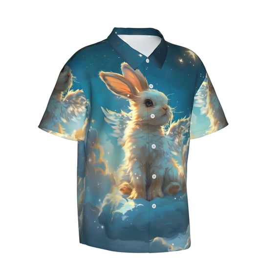 Lsque Cute Angel Winged Rabbit pattern Hawaiian Shirt for Men, Unisex Summer Beach Casual Short Sleeve Button Down Shirts-3X-Large