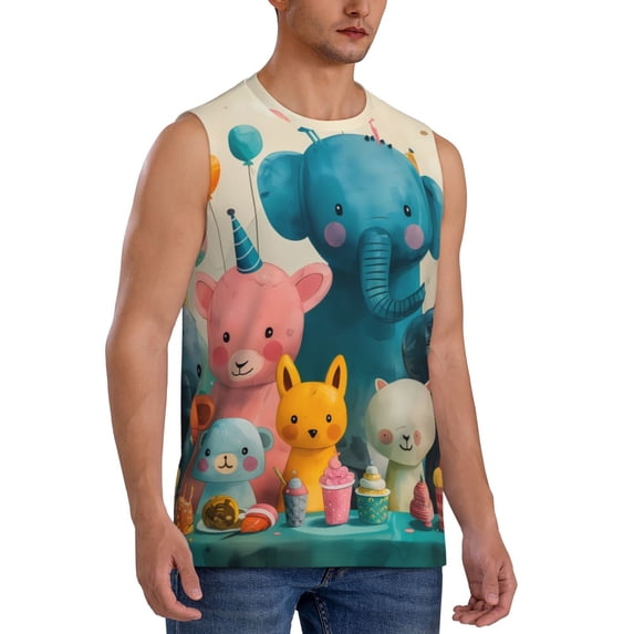 Lsque Cute Animal Party Print Men's Cotton Blend Sleeveless Muscle Shirts (S-3XL)- Moisture Wicking, Odor Protection, UPF 30+,Small