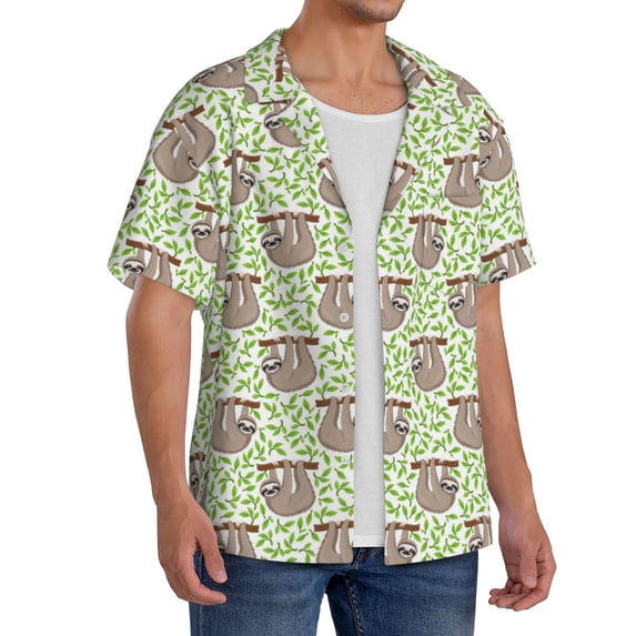 Lsque Cute Animal Sloth On A Branch print Men's Cuban Collar Short Sleeve Shirt Summer Beachwear Casual Button Down Fashionable Vacation Leisure Shirt-4X-Large