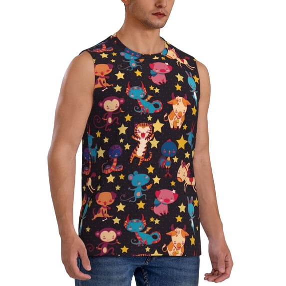 Lsque Cute Animals Print Men's Cotton Blend Sleeveless Muscle Shirts (S-3XL)- Moisture Wicking, Odor Protection, UPF 30+,X-Large