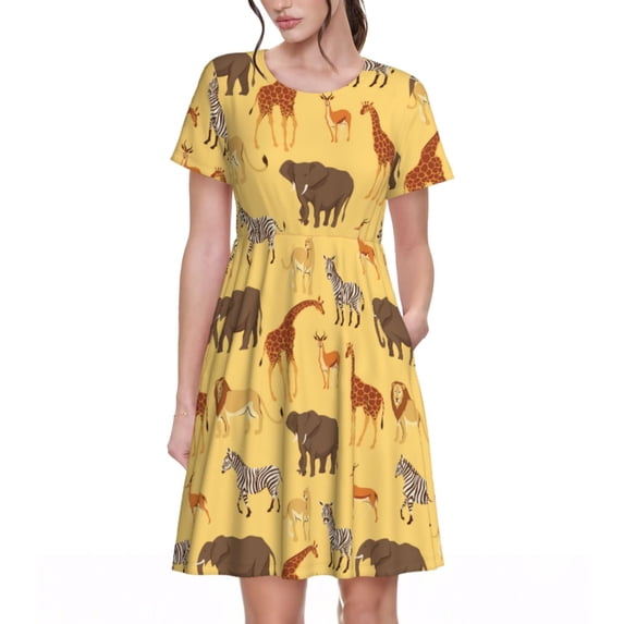 Lsque Cute Animals Print Women's Casual Dress T-Shirt Summer Short Sleeve Scoop Neck Swing Dresses