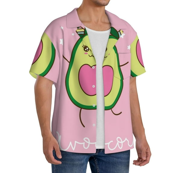 Lsque Cute Avocado print Men's Cuban Collar Short Sleeve Shirt Summer Beachwear Casual Button Down Fashionable Vacation Leisure Shirt-Small