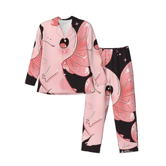 Lsque Cute Axolotl Sakura Blossoms A Pattern Long Sleeve Pajama Set for Men - Soft 2-Piece Sleepwear and Loungewear Set with Pockets, Comfy Nightwear-Large