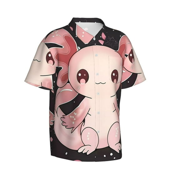 Lsque Cute Axolotl Sakura Blossoms pattern Hawaiian Shirt for Men, Unisex Summer Beach Casual Short Sleeve Button Down Shirts-Large