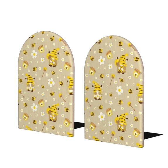 Lsque Cute Bee Gnomes Printed Wood Bookends,Non-Skid Bookend for Shelves,Heavy Duty Support Bookends,Non-Slip Foam Pads for Office, Home, and Library,1 Pair