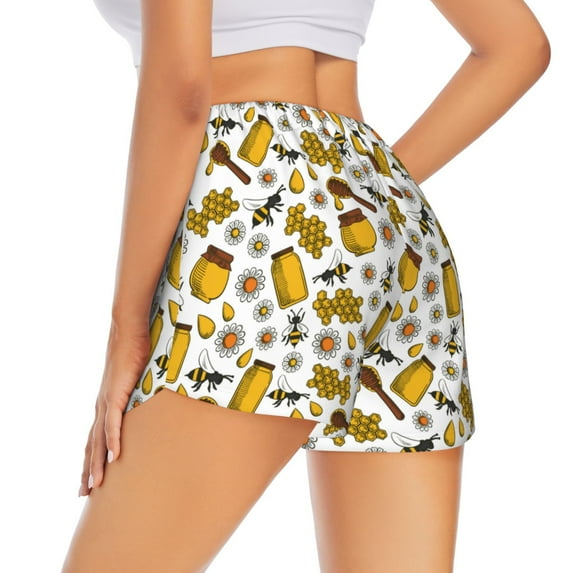 Lsque Cute Bee Printed Women's Running Shorts with Liner Pockets,Elastic Quick Dry Workout Athletic Gym Yoga Shorts,Womens High Waist Shorts-Medium