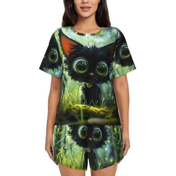 Lsque Cute Big-Eyed Black Cat Women's Short-Sleeved Pajama Set - 2 Piece Soft and Lightweight Sleepwear Set-3X-Large