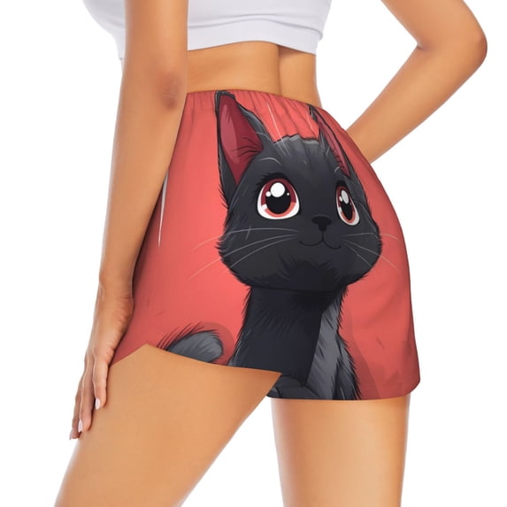 Lsque Cute Black Kitten Cartoon Printed Women's Running Shorts with Liner Pockets,Elastic Quick Dry Workout Athletic Gym Yoga Shorts,Womens High Waist Shorts-Large