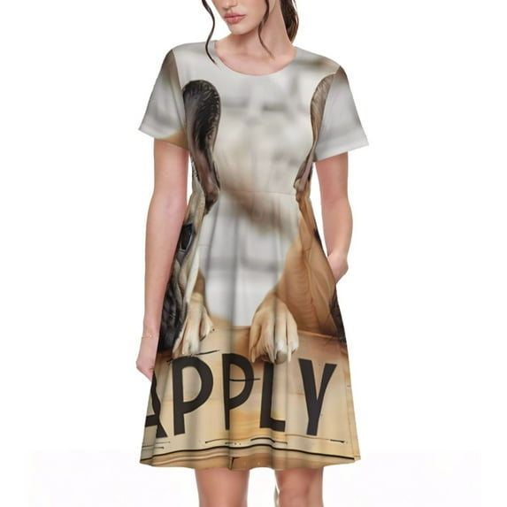 Lsque Cute Bulldogs Apply Print Women's Casual Dress T-Shirt Summer Short Sleeve Scoop Neck Swing Dresses
