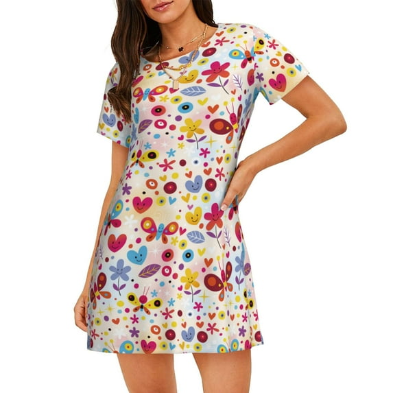 Lsque Cute Butterfly Flowers Pattern Nightgowns for Women Sleep Shirts Short Sleeve Nightshirt Pullover Nightdress Soft Sleepwear Relaxed Fit Nightdress