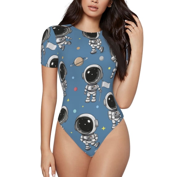 Lsque Cute Cartoon Astronaut Women's Crew Neck Short Sleeve Bodysuit Basic T Shirts Tops Onesie Adult Cute Pajama-X-Large