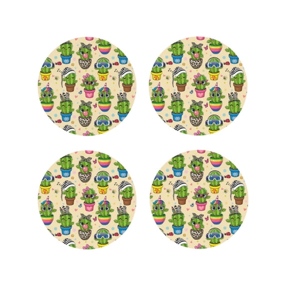 Lsque Cute Cartoon Cactus Pattern 4" Drink Coasters Set of 4, PVC Leather Absorbent Coasters, Table Coaster Set Decorative Coffee Cup Coasters Housewarming Gift -Round Shape