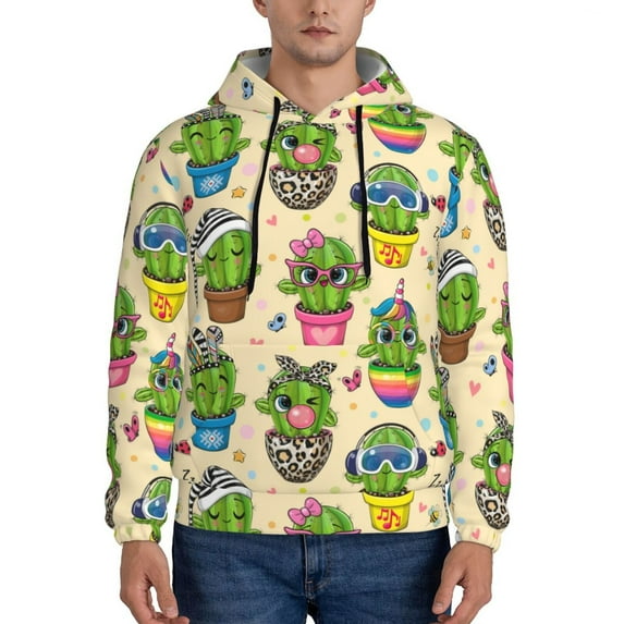 Lsque Cute Cartoon Cactus Pattern Casual Men's Hoodie,Hooded Sweatshirt with Kangaroo Pocket,Pullover Hoodie-4X-Large