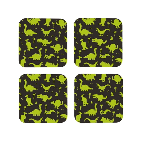 Lsque Cute Cartoon Dinosaurs Pattern 4" Drink Coasters Set of 4, PVC Leather Absorbent Coasters, Table Coaster Set Decorative Coffee Cup Coasters Housewarming Gift -Square