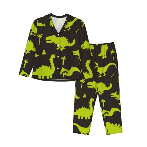 Lsque Cute Cartoon Dinosaurs Pattern Long Sleeve Pajama Set for Women - Soft 2-Piece Sleepwear and Loungewear Set with Pockets, Comfy Nightwear-XX-Large