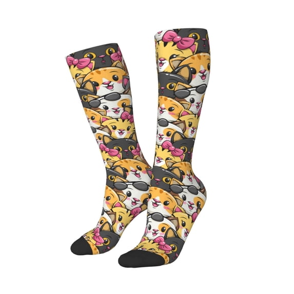 Lsque Cute Cat Cartoon Printed Crew Socks Men's Women's LightWeight Thin Casual Calf Socks ,Knee High Socks,Cotton Socks