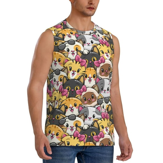 Lsque Cute Cat Print Men's Cotton Blend Sleeveless Muscle Shirts (S-3XL)- Moisture Wicking, Odor Protection, UPF 30+,3X-Large