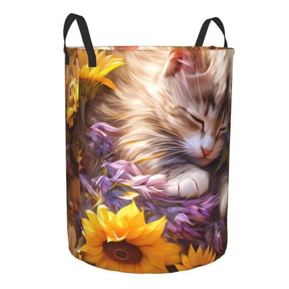 Lsque Cute Cat Sunflower pattern Laundry Hamper Basket, Tall Woven Rope Hamper Basket for Clothes, Lightweight Storage Basket, Collapsible Waterproof-Medium