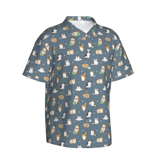 Lsque Cute Cats And Dogs pattern Hawaiian Shirt for Men, Unisex Summer Beach Casual Short Sleeve Button Down Shirts-X-Large
