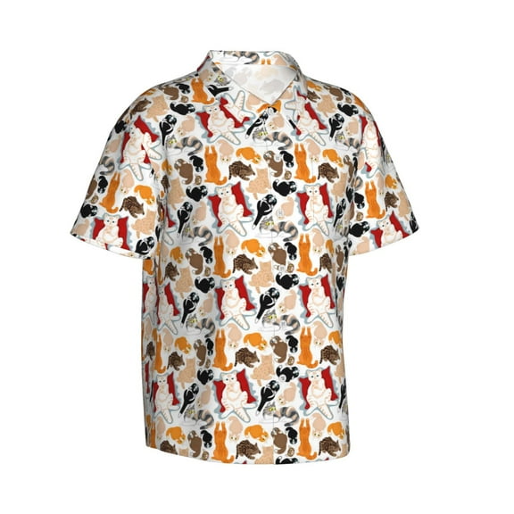 Lsque Cute Cats pattern Hawaiian Shirt for Men, Unisex Summer Beach Casual Short Sleeve Button Down Shirts-Large