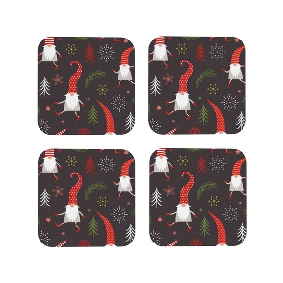 Lsque Cute Christmas Gnomes Pattern 4" Drink Coasters Set of 4, PVC Leather Absorbent Coasters, Table Coaster Set Decorative Coffee Cup Coasters Housewarming Gift -Square