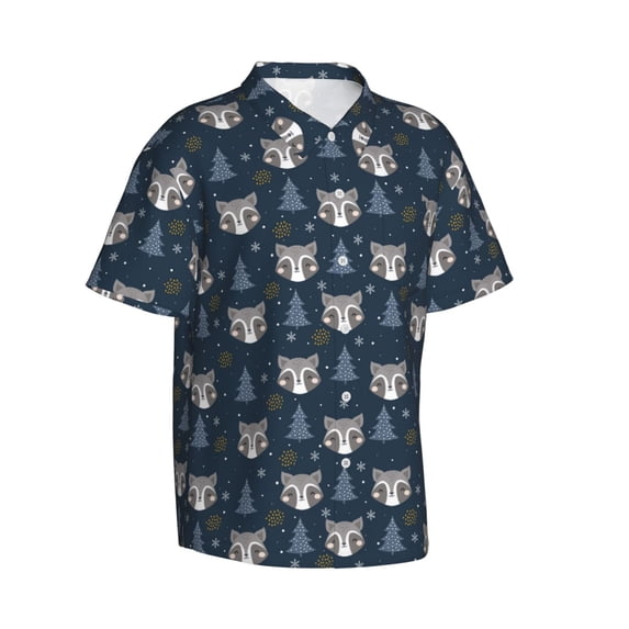 Lsque Cute Christmas Tree Raccoon pattern Hawaiian Shirt for Men, Unisex Summer Beach Casual Short Sleeve Button Down Shirts-Medium