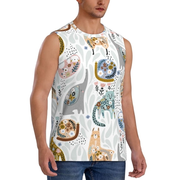 Lsque Cute Colorful Animal Print Men's Cotton Blend Sleeveless Muscle Shirts (S-3XL)- Moisture Wicking, Odor Protection, UPF 30+,Medium